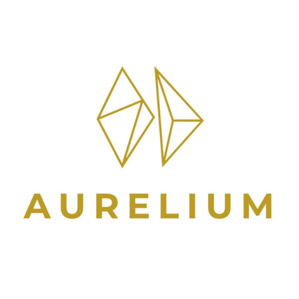 Gold logo with minimalist geometric triangle design above the word "Aurelium" in bold gold lettering