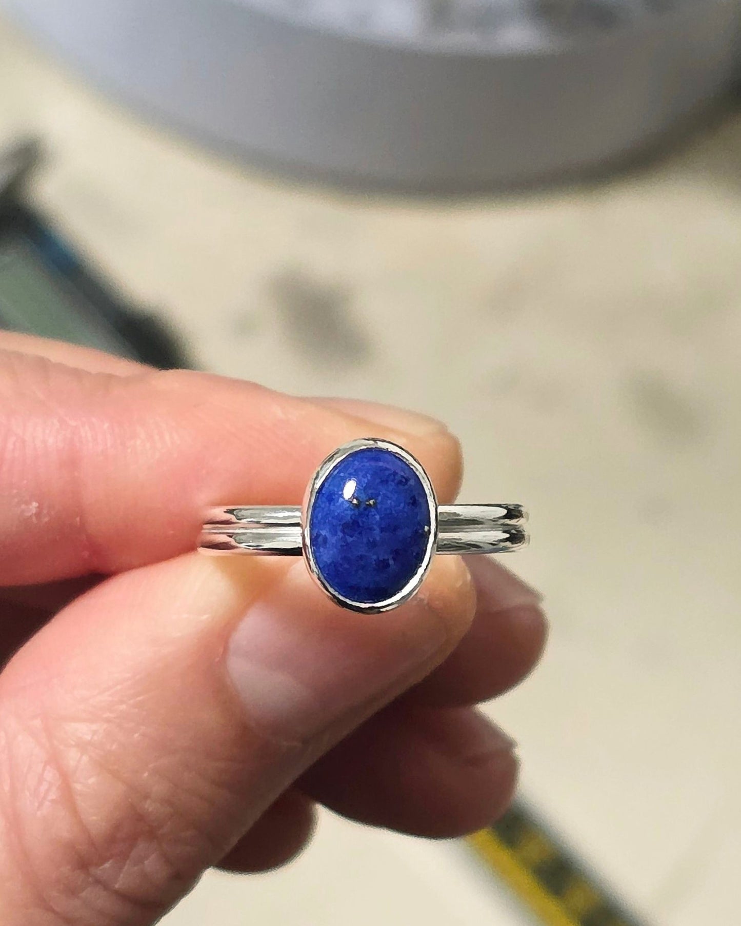 lapis lazuli cabochon on sterling silver ring band