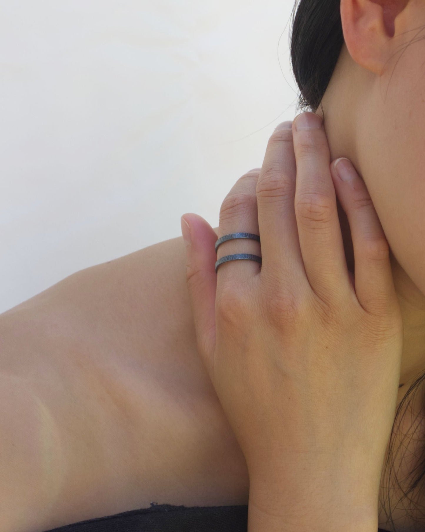 model wearing handmade oxidised sterling silver adjustable ring