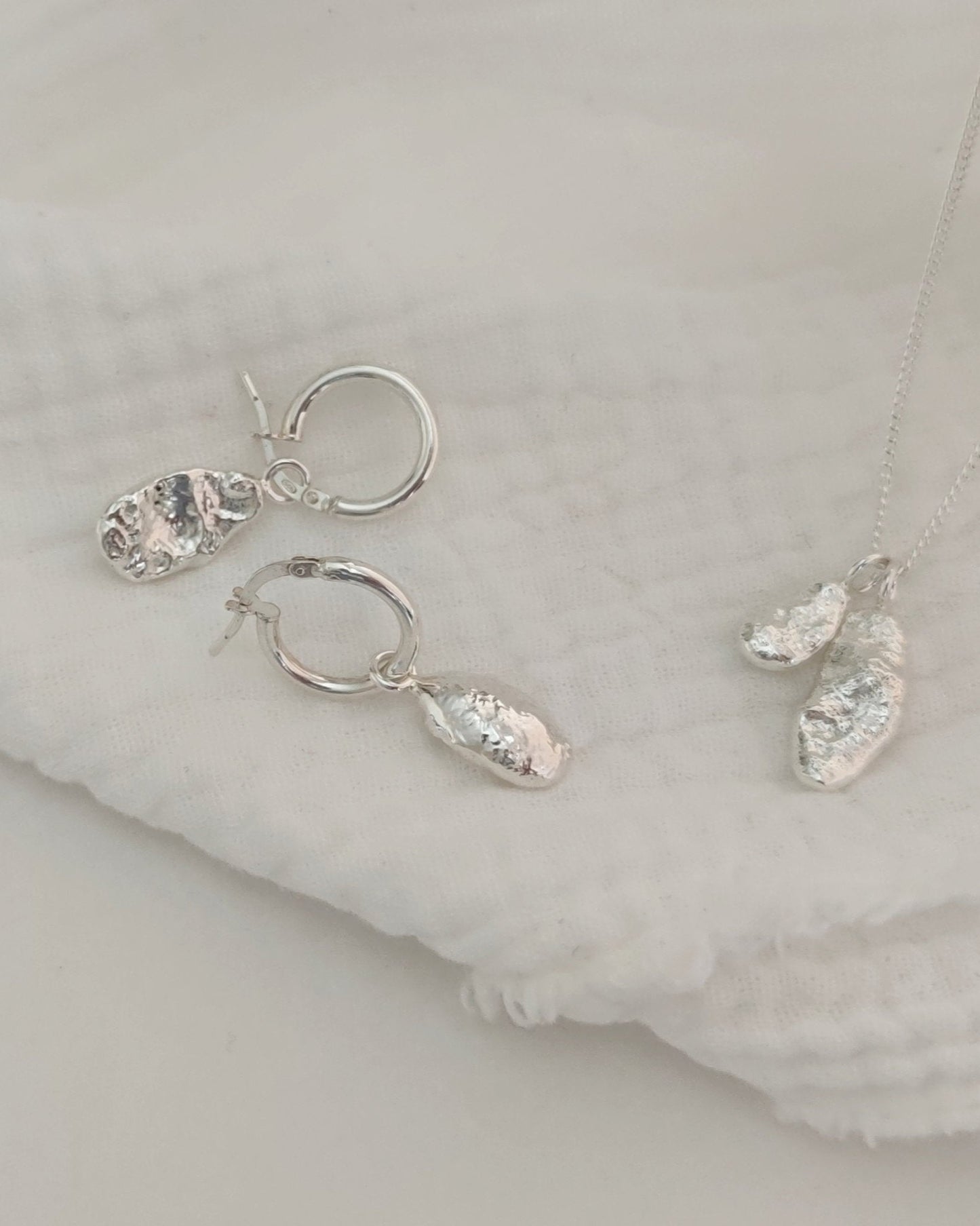 organic textured sterling silver molten droplet earrings and necklace set