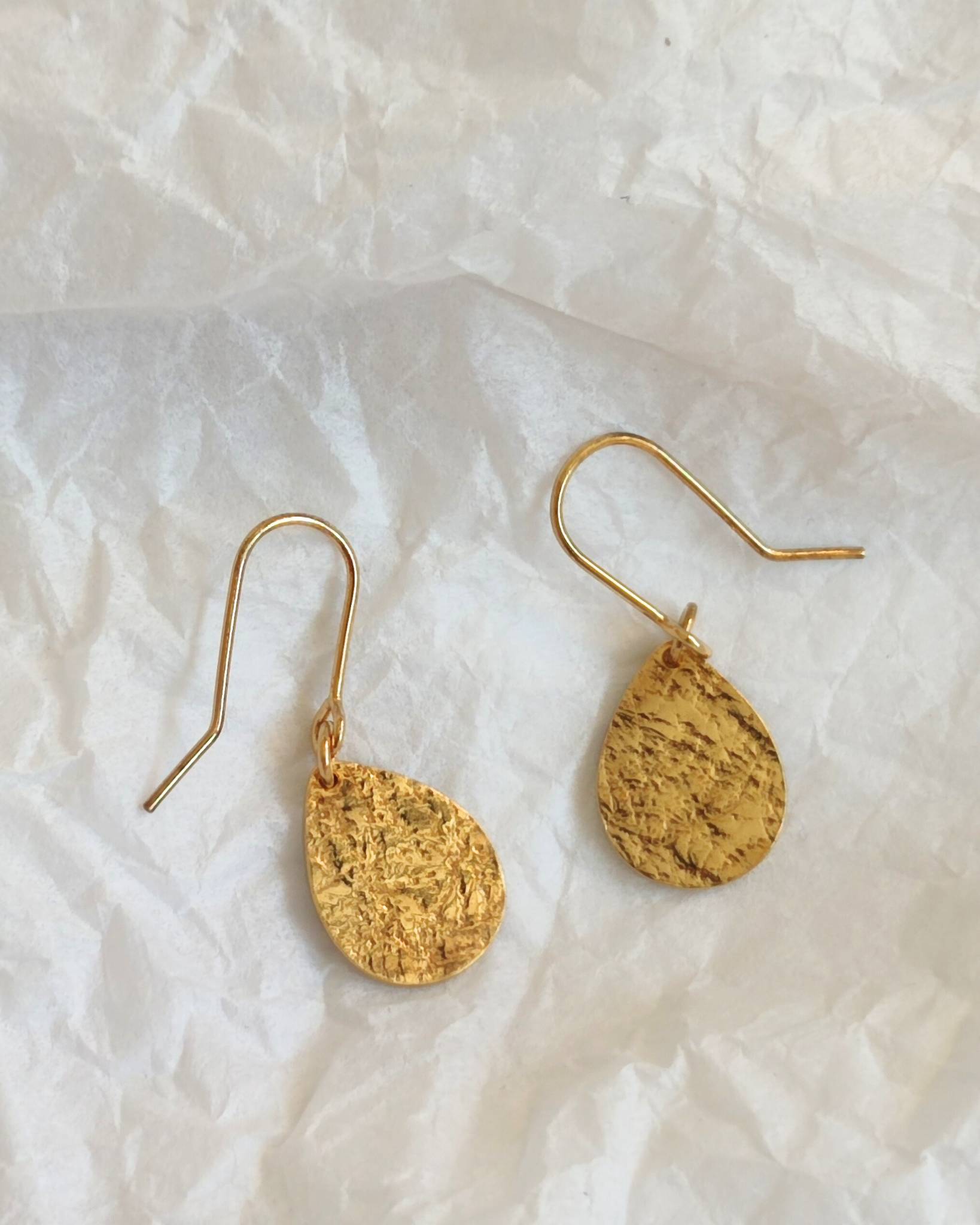 timeless textured gold teardrop earrings handmade by aurelium nz