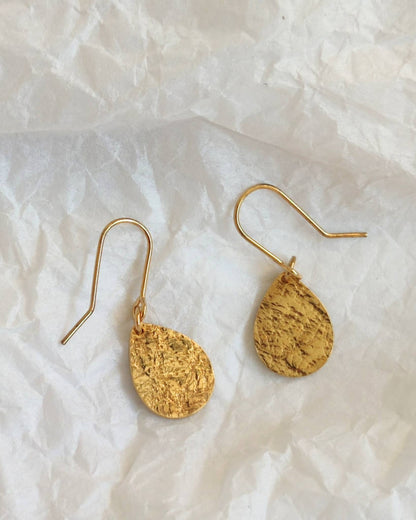 timeless textured gold teardrop earrings handmade by aurelium nz