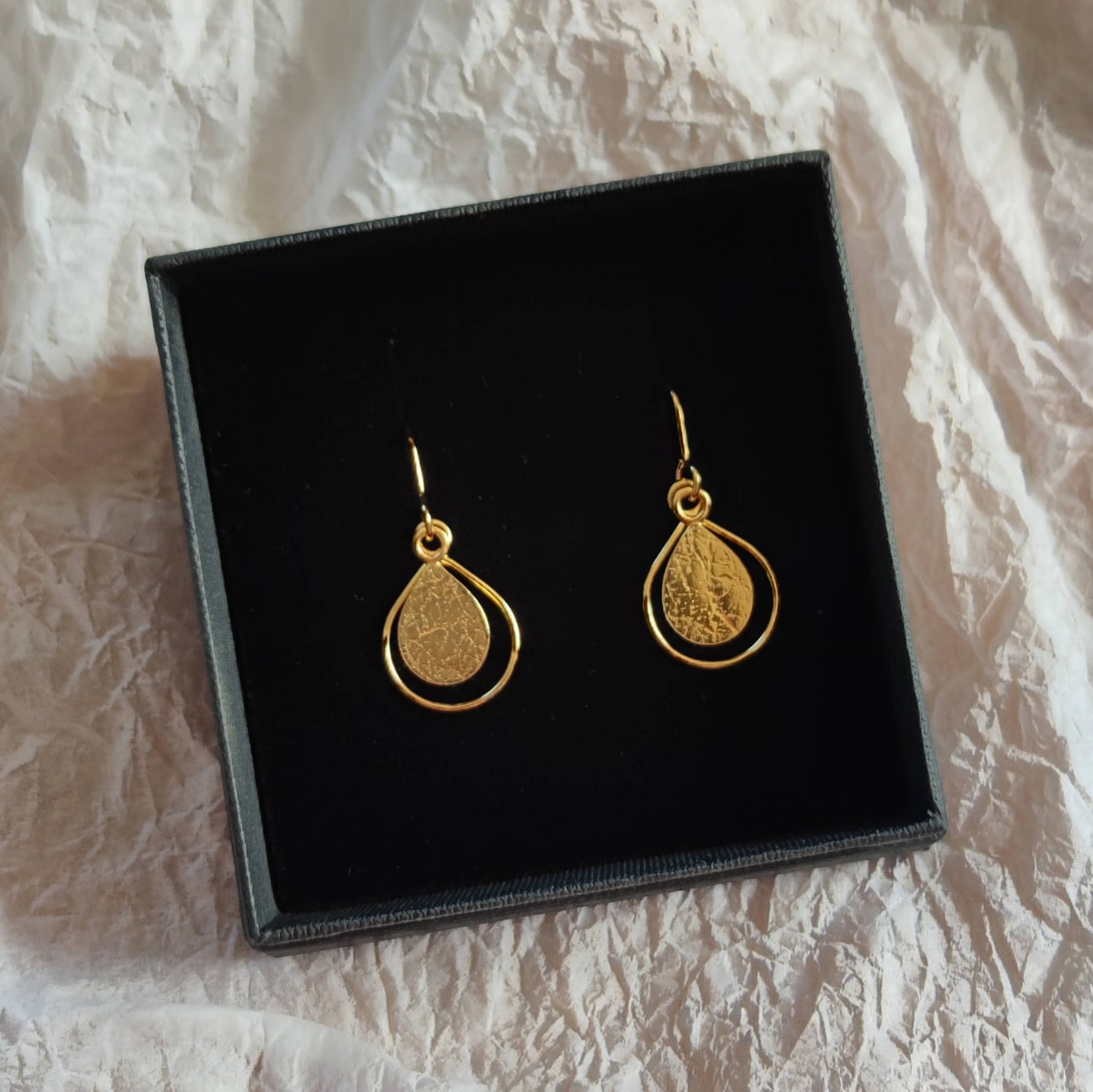 handmade gold textured dewdrop earrings in black gift box