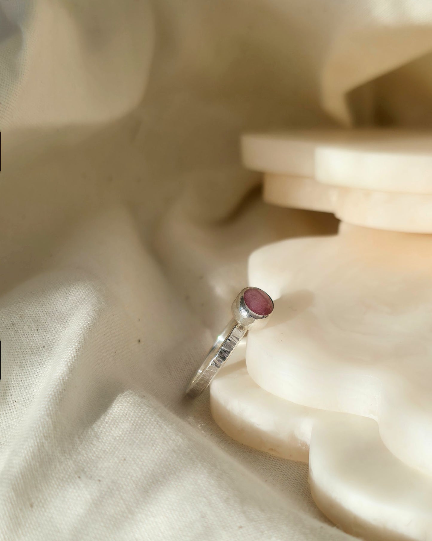 Rhodonite and Sterling Silver Hammered Ring
