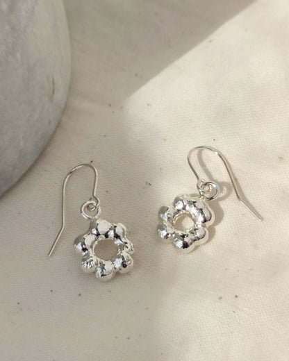 molten sterling silver flower earrings on hooks