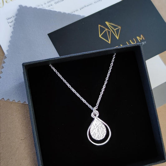 delicate textured silver teardrop necklace in aurelium black gift box